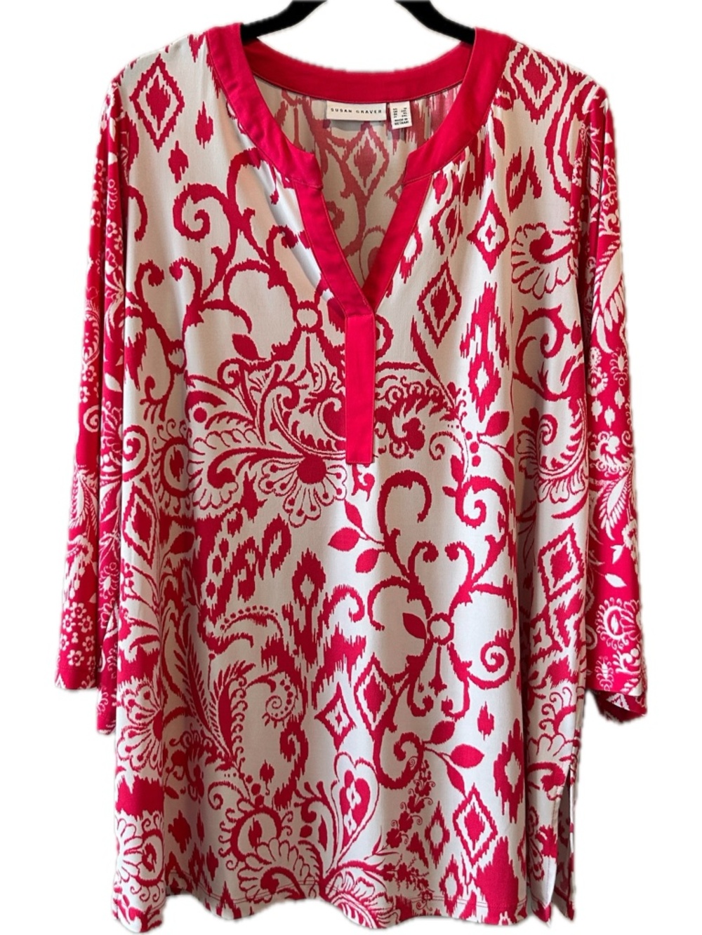 Susan Graver Liquid Knit 3/4 Sleeve Split-Neck Top - Pink/White Pattern - 1X EUC